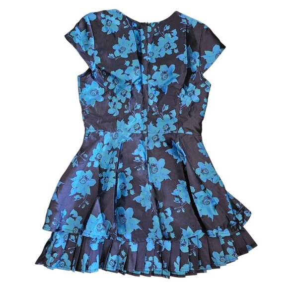 Lulus Satin Mini Dress Navy Blue Teal Pleated Floral Fit n Flare Sz M NWT Formal - Picture 8 of 11